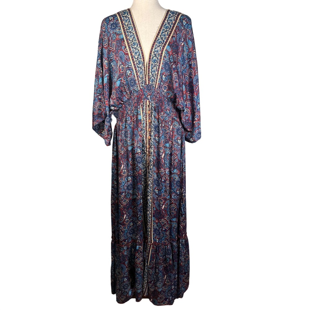 Natural Life Maxi Dress Womens XL Blue Red Polyester Boho Paisley Smocked Resort